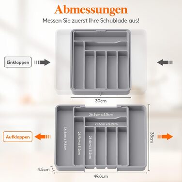 Органайзер для столових приборів Lifewit в шухляду, розсувний, пластиковий, 7-9 відділень, сірий, глибокий 38 см - великий розмір