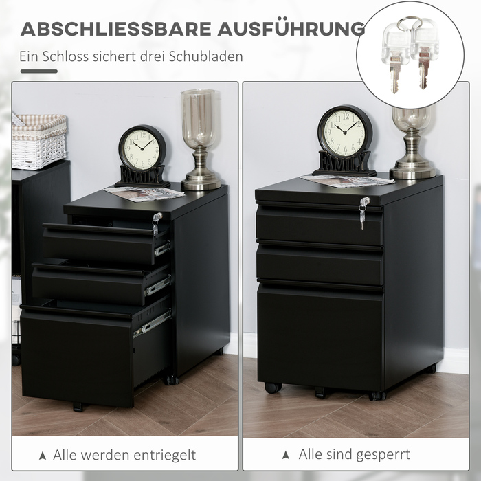 Vinsetto Rolling File Cabinet with 3 Drawers and Wheels, Concave Handle, Steel, Black for Office & Home Office