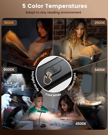 Світлодіодна лампа для читання Glocusent з кріпленням на книгу, 26 LED, 5 температур кольору, регулювання яскравості, USB-C, 360° гнучкість, чорний колір