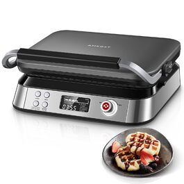 Вафельниця AMECAT 1600W для бельгійських вафель з 5 програмами та 7 рівнями підсмажування, цифровий дисплей, таймер, регулювання текстури, захист від перегріву, товсті вафлі