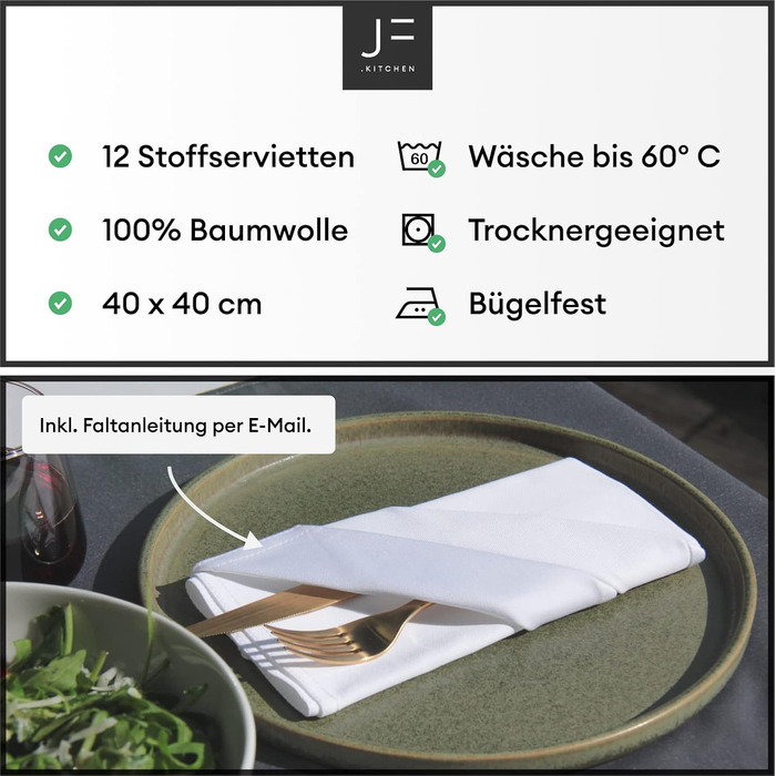 JF.kitchen® | 12 Cloth Napkins with Folding Instructions from Extra High-Quality Cotton 40x40cm (White)
