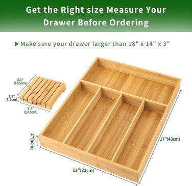 VaeFae Bamboo Cutlery Organizer, Utensil Holder for Drawer, Wooden Cutlery Tray with Divider for Kitchen, Cutlery Storage and Removable Knife Block