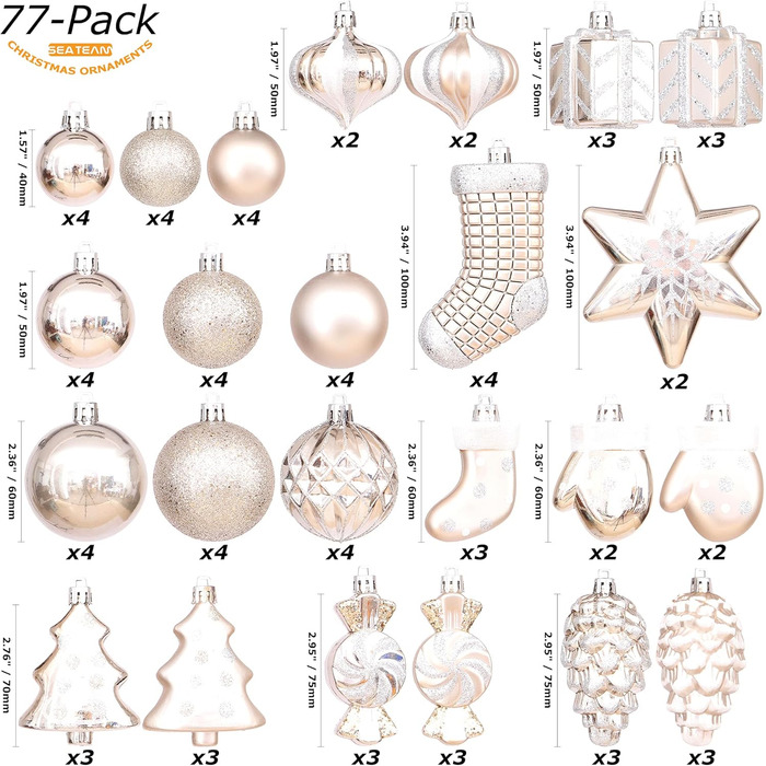 Набір прикрас для ялинки Sea Team 77 шт., міцні кулі, новорічні орнаменти, з подарунковою упаковкою (шампань)