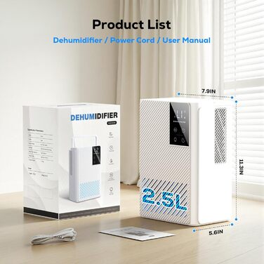 Електричний осушувач повітря, тихий, 2500 мл з LED дисплеєм, таймером та авторозморожуванням. Ідеально для дому, спальні, ванної кімнати