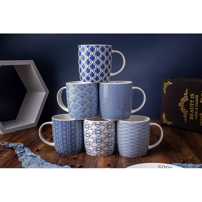 Set of 6 coffee cups with black and white geometric pattern, ceramic tea cup set of 6 (black cup set) (Blue)
