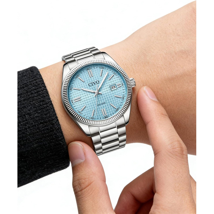 Чоловічий годинник CIVO з нержавіючої сталі: аналоговий годинник для бізнесу з датою, що світиться - водонепроникний для роботи та відпочинку. Стильний подарунок для чоловіків (сріблястий, синій)