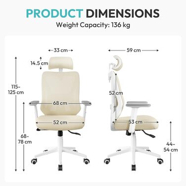 Офісне крісло Yaheetech з регульованою підголівником та підтримкою попереку, дихаюча сітчаста спинка, широке сидіння, S-подібна спинка, поворотне на 360°, бежеве