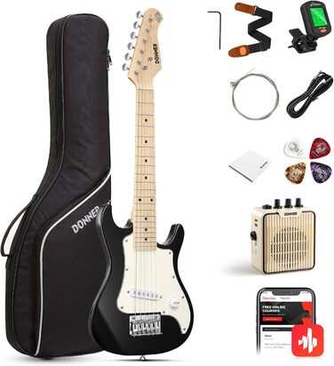 Електрогітара Donner Set для початківців Junior ST-стиль 30 дюймів, Mini гітара Преміум-комплект з підсилювачем, тюнером, каподастром, чохлом, ремінцем, струнами, кабелем (DSJ-100, Чорний)