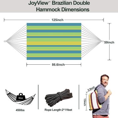 Гамак подвійний бразильський JoyView 220x150 см, бавовна, смугастий зелено-жовтий, до 204 кг, для тераси, саду, відпочинку