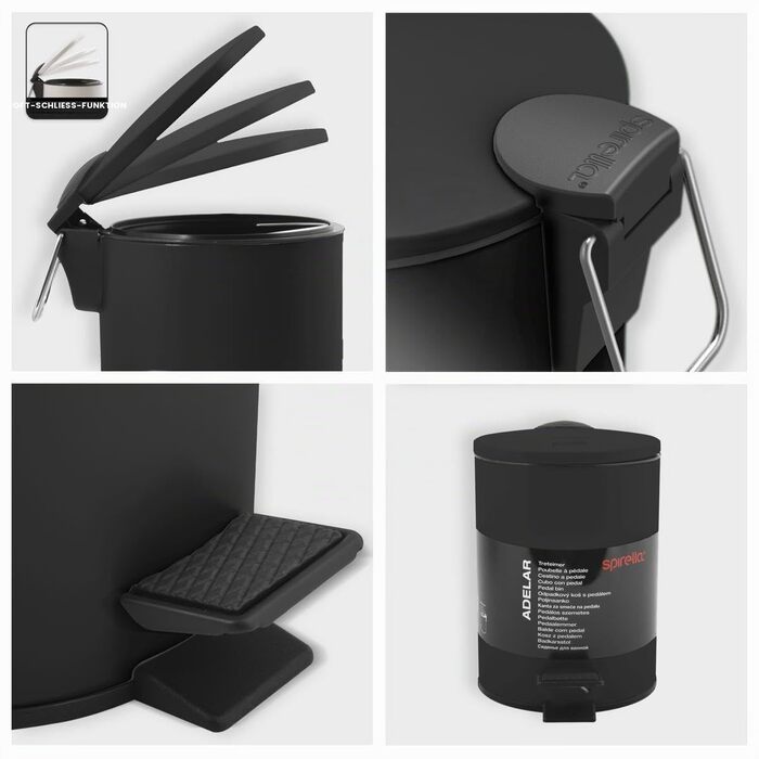 Сміттєвий відер Spirella Adelar з педаллю, 3 л, нержавіюча сталь, Soft-Close, матовий чорний (набір 2 шт.)