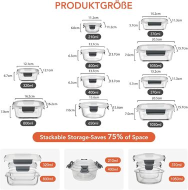 Скляні контейнери для зберігання їжі з кришками набір Frischhaltedosen: Meal Prep, мікрохвильова піч, морозилка, посудомийка, сірі