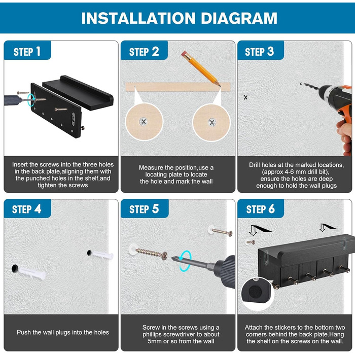 Дерев'яне ключниця з полицею, настінна | 5 гачків | для прихожей, кухні, спальні (чорний)