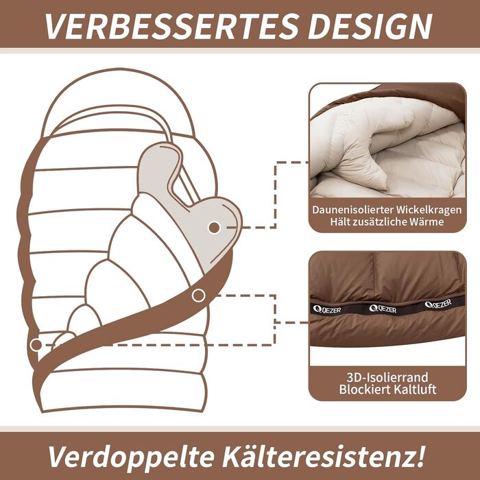 Пуховий спальний мішок для дорослих та дітей, легкий зимовий спальник Outdoor 8°C ~ -30°C для кемпінгу та альпінізму з 650 FP гусячим пухом (кава, 1500г пуху)