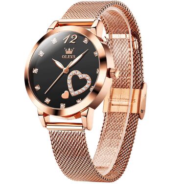 Годинник жіночий OLEVS Roségold: стильні годинники з нержавіючої сталі з діамантовим серцем, водонепроникні, ультратонкі, аналоговий годинник з сітчатим ремінцем, чорний циферблат, рожеве золото