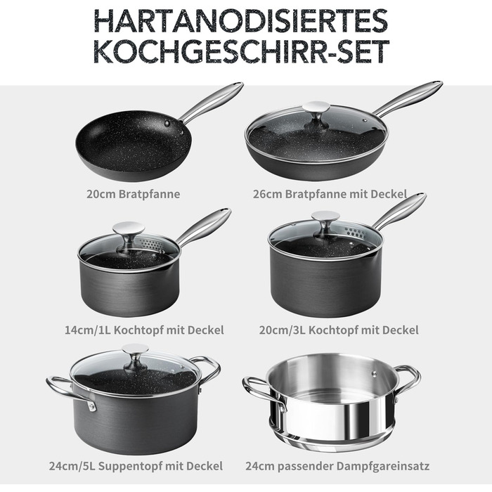 Набір каструль та сковорідок Michelangelo Kochtopf Set 10 шт. з кришкою, індукційне дно, чорний, з сито-кришкою та пароваркою