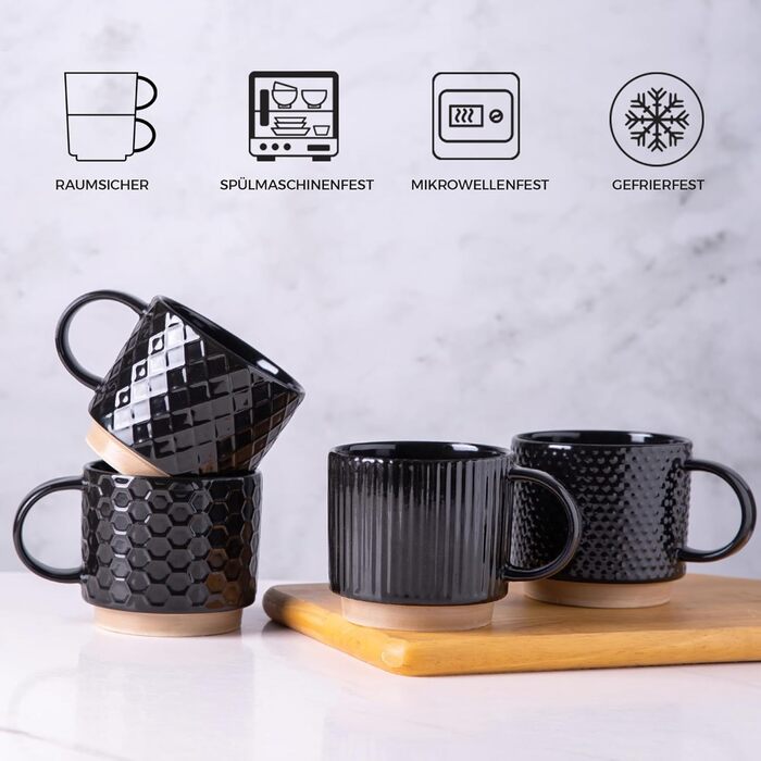 Набір керамічних чашок GBhome 4 шт. 350 мл з текстурою | Для лате/капучино | Можна мити в посудомийній машині та використовувати в мікрохвильовці | Чорний колір