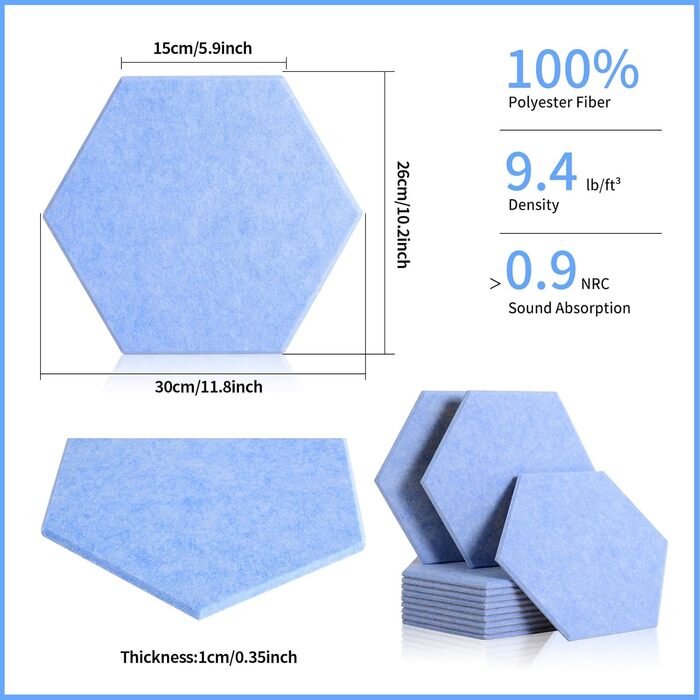 Акустичні гексагональні панелі Rdutuok для звукоізоляції, 30x26x1 см, світло-блакитні (12 шт) — шумопоглинаючі плити для студії, офісу та декору стін