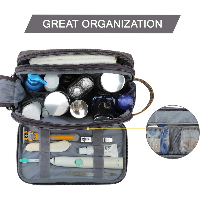 Чоловіча дорожня косметичка BAGSMART з подвійною блискавкою, великий об'єм, 5л, темно-сірий колір