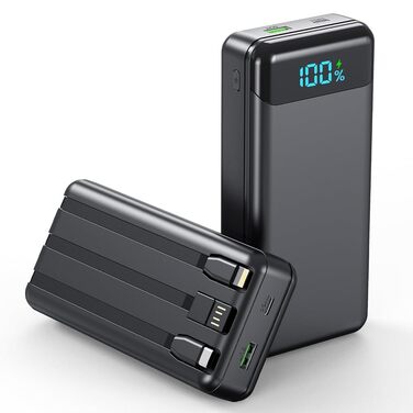 Power Bank Enerwow 27000mAh з USB-C кабелем, 4 порти, LED-дисплей - Зовнішній акумулятор для iPhone та інших пристроїв (Чорний, P300C)
