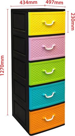 Chest of drawers 44x50x127 cm with 5 large XXL drawers, 40 liters per drawer, with fronts in beautiful candy colors and a modern look. Made from recyclable PP plastic (Black / Candy, Weave) for the environment.