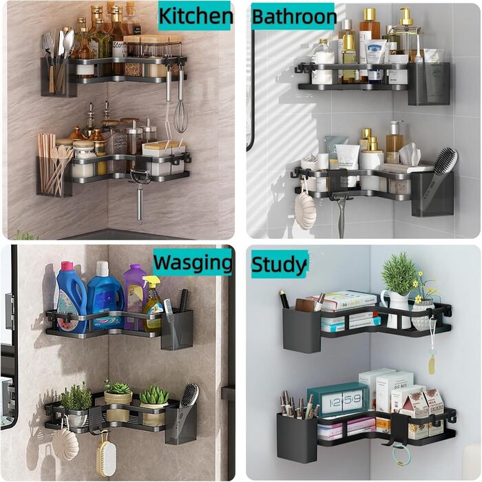 Поличка для душу без свердління, чорна, кутова, 2 шт. Трикутні кошики для душу, органайзер для ванної кімнати з 4 гачками, аксесуари для душу, тримач для шампуню в душ для ванної кімнати