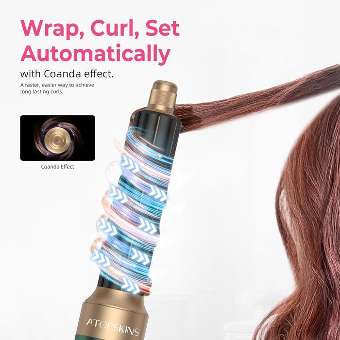 Atopskins Hairstyler: Фен-щітка 7-в-1 для створення зачісок, 110000 RPM, з іонізацією, дифузором, локонами, об'ємом, випрямленням, для волосся, зелений