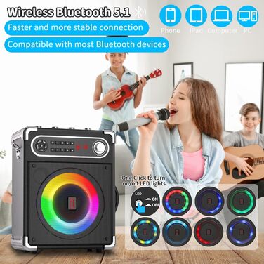Караоке-система з 2 бездротовими мікрофонами, Bluetooth 5.3, LED-підсвітка, регулятор басів/високих, пульт ДК, FM/AUX/USB/TF, чорний