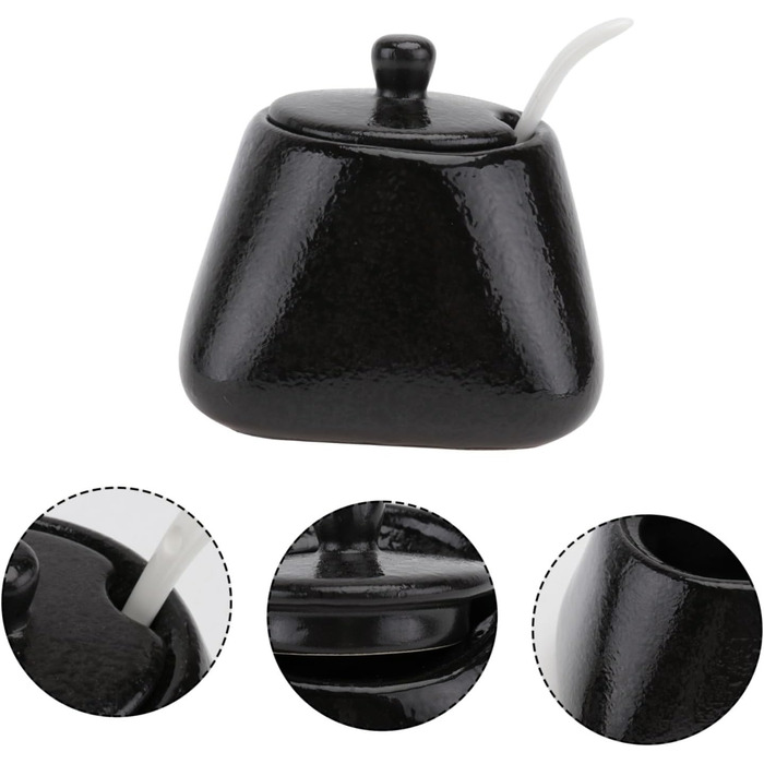 DOITOOL Sugar Bowl with Lid and Ceramic Sugar Bowl Porcelain Spice Jar Spice Container Sugar Container for Home Kitchen Coffee Bar Black