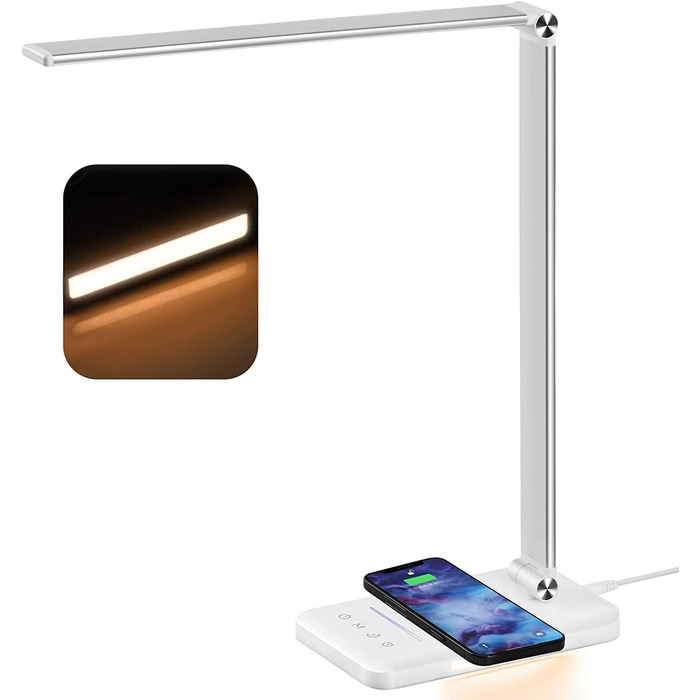 LED лампа настільна диммерна 560LM - офісна лампа з 5 режимами кольору та 10 рівнями яскравості, з нічним світлом, USB-портом, функцією пам'яті та таймером, 10W - білий (адаптер 24w - сріблястий)