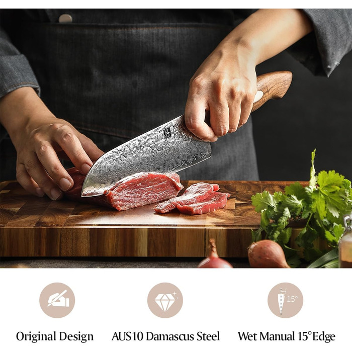 Японський кухонний ніж XINZUO Santoku з дамаської сталі (AUS-10) - професійний ніж шеф-кухаря з чорним дерев'яним руків'ям з горіха
