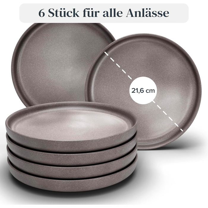 Stoneware Breakfast Plates, 6 Person. High-Quality Urban Style TEST VERY GOOD Dessert Plate Set - Cake Plates, Dishwasher and Scratch-Resistant - Small Plates, Salad Plates Pure Living in Matte Gray-Brown
