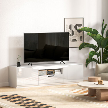 HOMCOM TV Stand with High-Gloss Finish, Holds TVs up to 65'', 3 Shelves, 1 Drawer, 160 x 38 x 43 cm, White
