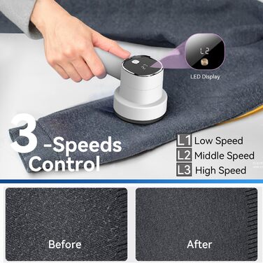 Електричний видалення ворсу з LED-дисплеєм - 6 лез з нержавіючої сталі, 3 швидкості, USB-зарядка. Підходить для одягу, пледів, диванів та постільної білизни (білий)