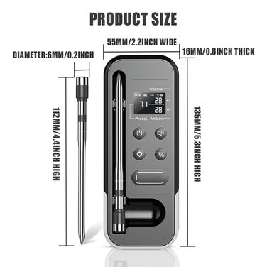 Бездротовий термометр для м'яса ANTELA з Bluetooth 5.3, LCD дисплеєм, сигналом та APP, для приготування на грилі, BBQ, в духовці та коптильні