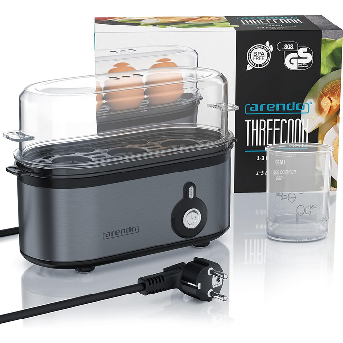 Електричний яйцеварка Arendo Threecook з нержавіючої сталі - 1-3 яйця, регулювання ступеня готовності, BPA-free, сірий колір