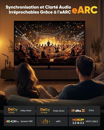 HDMI кабель SNOWKIDS 8K@60Hz 2M, HDMI 2.1, 48Gbit/s, 4K@120Hz, Dolby Vision, DTS:X, HDCP 2.2/2.3, HDR 10, eARC, HDR, сумісний з PS5, HDTV, проектором, PC, монітором, PS4