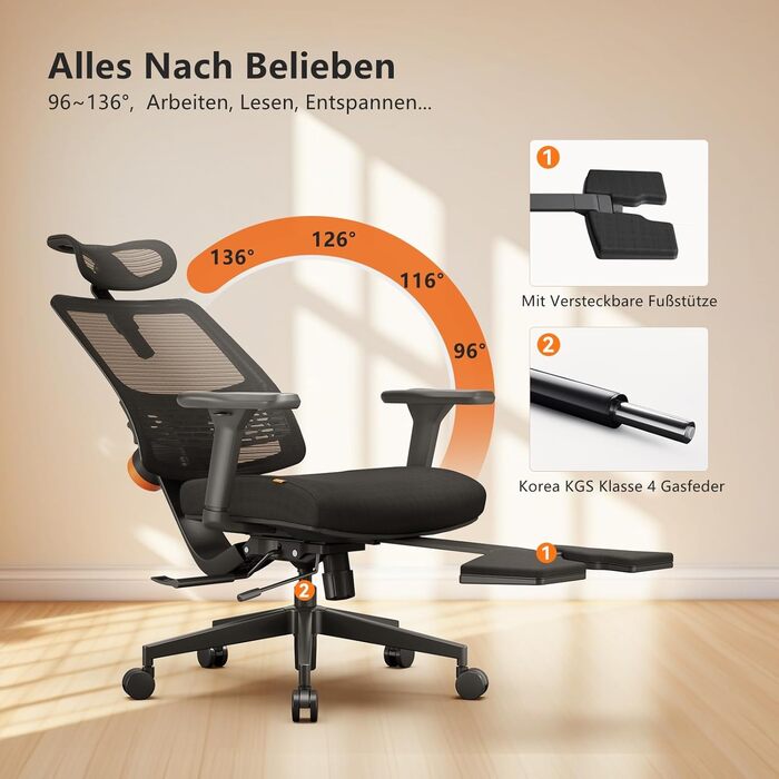 Офісне крісло Newtral MAGICH-BP з підніжкою: ергономічне, з підголівником та підлокітниками