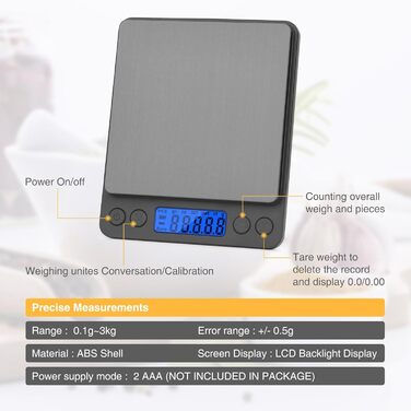 Кухонні ваги електронні 3 кг/0,1 г, LCD дисплей, функція Tara, чорного кольору