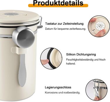 Герметичний контейнер для кави з нержавіючої сталі, 1.8L, з мірною ложкою та індикатором дати, для кави, чаю, горіхів, какао, зберігає свіжість