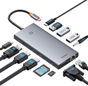 Док-станція Baseus USB-C для 3 моніторів: 13-в-1 хаб з HDMI 4K@60Hz, DisplayPort 4K@120Hz, VGA, USB 3.1 10 Gbps, PD 100W та Ethernet (сумісна з Dell/HP/Lenovo/Surface)