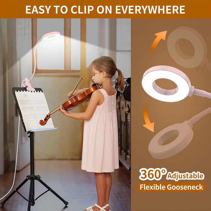 iZELL LED лампа для читання з гнуким світильником 40см, 10 рівнів яскравості, USB-зарядка, рожевий колір