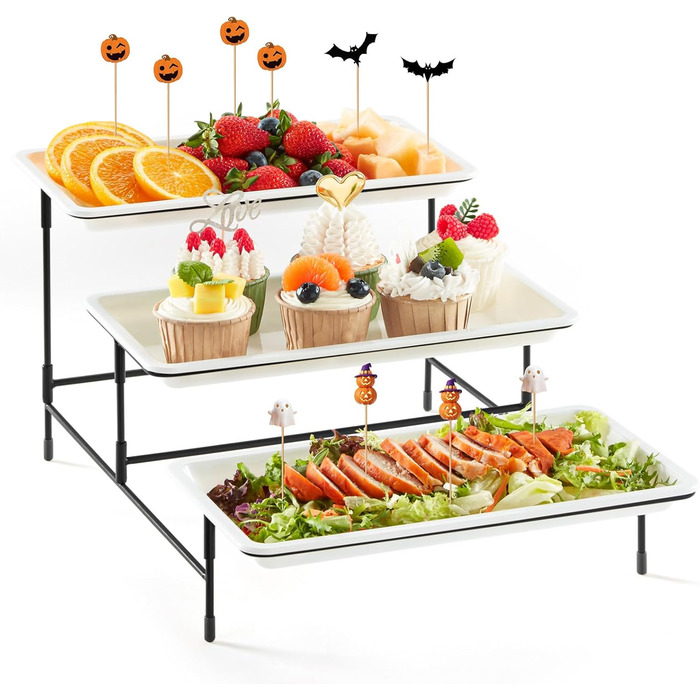 Lifewit 3-Tier Etagere with 30 x 17 cm Plastic Serving Plates, 3-Level Serving Tray Serving Platter with Folding Black Metal Shelf, Buffet Party Accessories for Vegetables/Fruit/Cookies/Cake