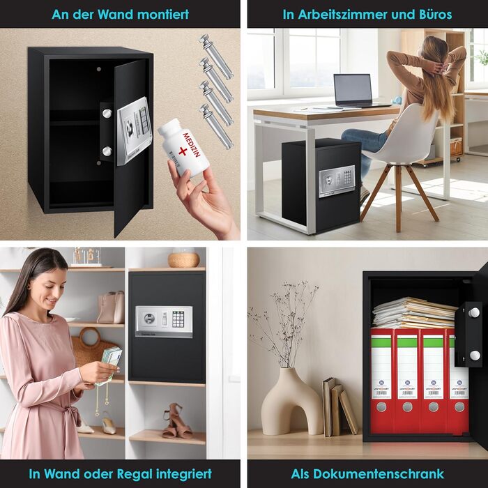Електронний сейф KESSER® для дому та офісу 31x20x20 см, з подвійним замком, кріпленням, внутрішнім освітленням, сталевий (чорний, XL)