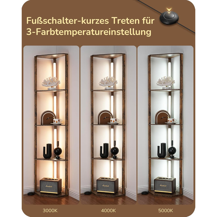 LED торшер EDISHINE з 4 дерев'яними полицями, регульоване освітлення, 3 колірні температури, поворотний світловий стержень, підсвічування полиць, футовий вимикач, вінтажний коричневий