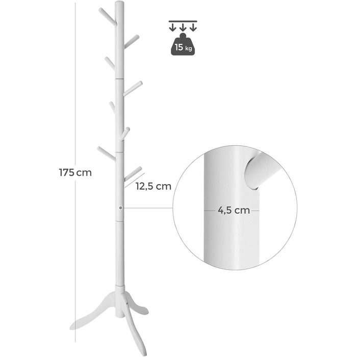 VASAGLE Coat Rack, Solid Wood Clothes Rack, Coat Stand with 8 Hooks, Tree Shape, 3 Adjustable Heights, for Coats, Jackets, Bags, for Entryway, Bedroom, RCR01GY (White)
