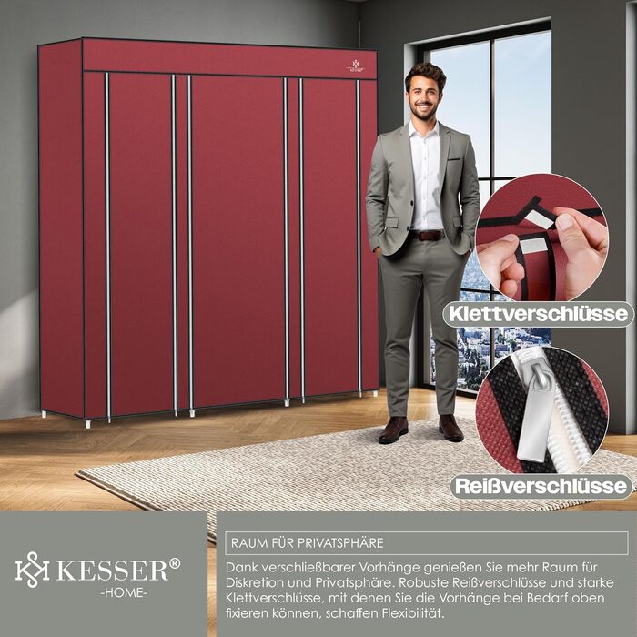 KESSER® Wardrobe Clothes Rack Stable with Clothes Rail & Shelves, Incl. 5x Clothes Hangers, Fabric Folding Wardrobe for Bedroom, Dressing Room, Clothes Rack 150x45x175cm (Burgundy Red)