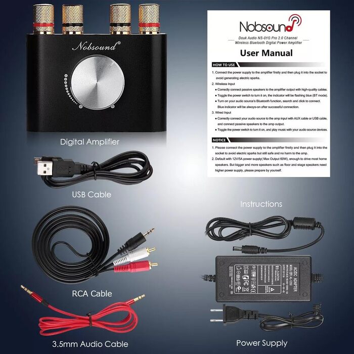 Nobsound Міні Bluetooth 5.0 цифровий підсилювач HiFi стерео 2.0 каналів 2×50 Вт, бездротовий аудіоприймач з блоком живлення, чорний