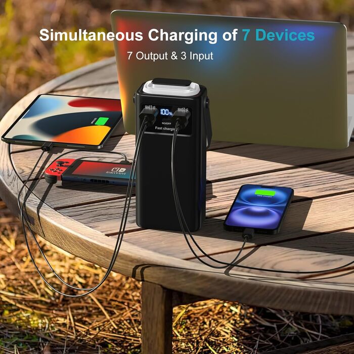 Power Bank 60000mAh 45W з LED-дисплеєм та 7 виходами - Зовнішній акумулятор для кемпінгу та подорожей, чорний