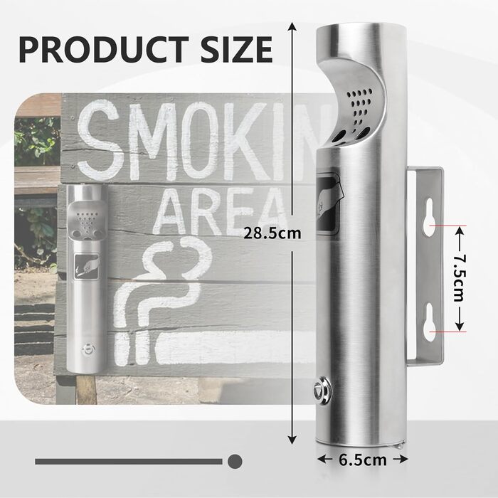 Настінний попільничка CPROSP з нержавіючої сталі, з замком, для вулиці, 28.5 x 6.5 см - 1 шт.