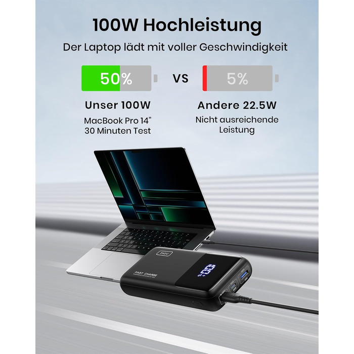 Портативний зарядний акумулятор INIU 100W 25000mAh з USB-C, сумісний з MacBook, iPad, iPhone, DJI та іншими пристроями. Чорний
